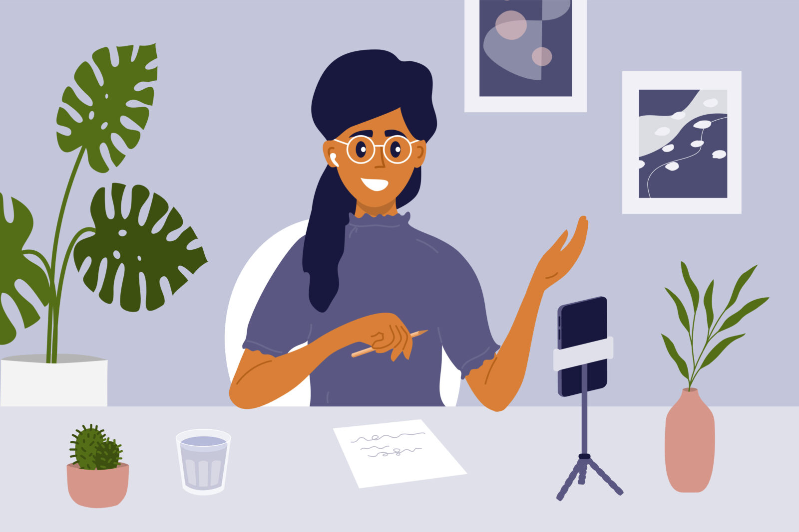Blogger live streaming concept. Cute girl making video content to vlog, talking to blog audience. Woman vlogger online interview. Recording podcast, broadcast, social media network vector illustration
