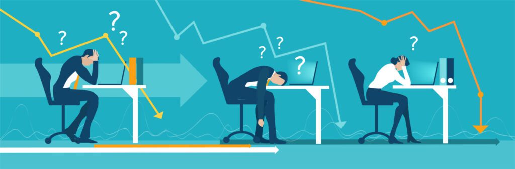 Business people getting over stressed in the office, exhausted, tired person working long hours, competitive business life, stress and depression concept illustration.