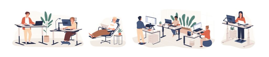 Contemporary workspace flat vector illustrations set. Working office employees sitting and standing behind ergonomic furniture cartoon characters isolated on white background. Coworking openspace area.