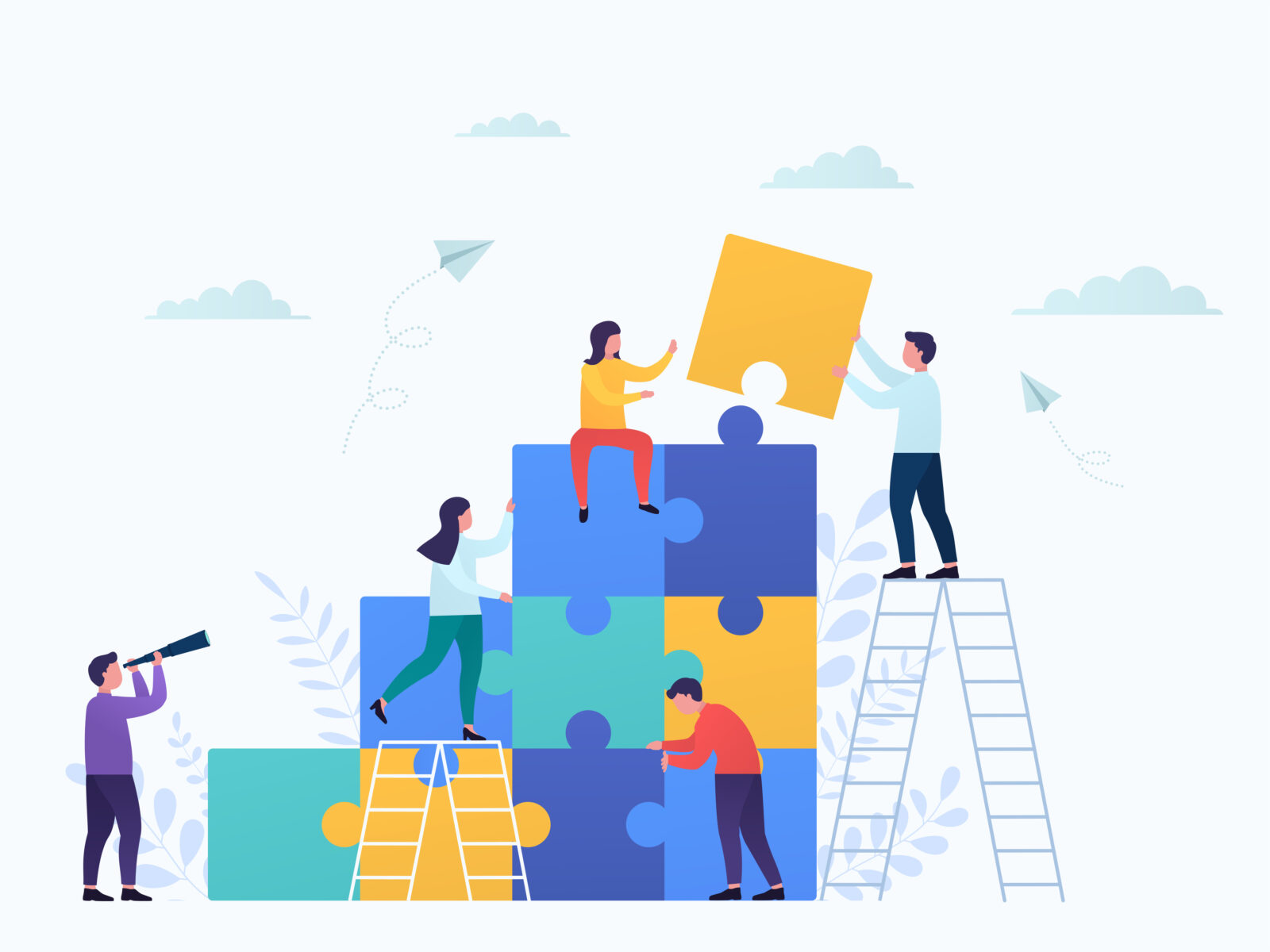 Coworkers connect puzzle pieces, teamwork. Business concept partnership, cooperation of businessmen and businesswomen, career growth, development and success.