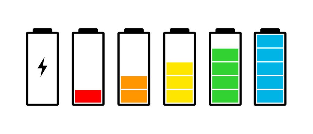 Battery charge indicator icons set. Charging level full power low to high up and electric plug. Gadget energy status vector illustration
