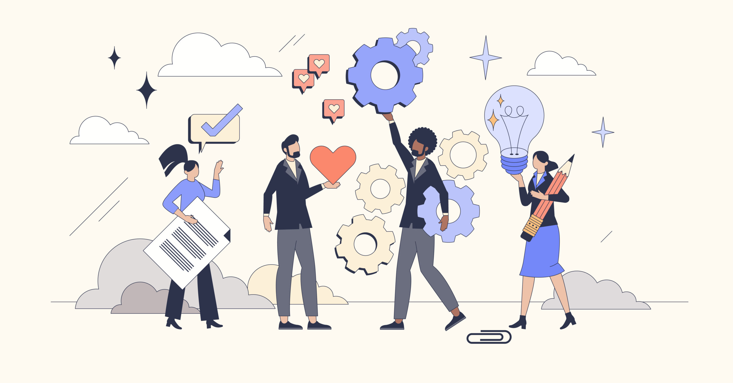 Team dynamics for business project agility tiny person neubrutalism concept. Employee group work with innovative and creative solutions vector illustration. Corporate leader with strong team control.